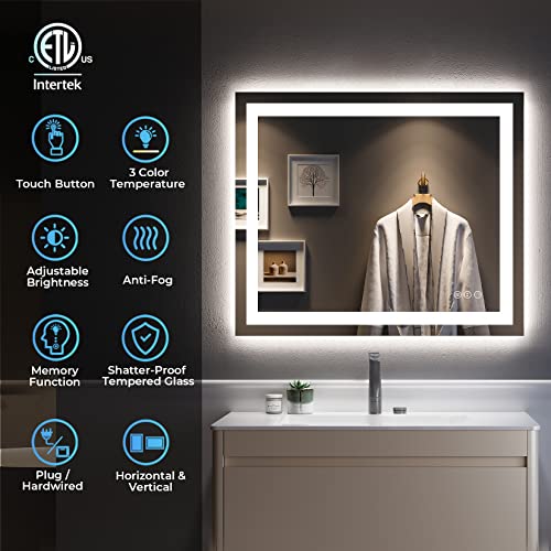 Image of 36x30 Inch LED Bathroom Mirror with Lights Front and Backlit Lighted Vanity Mirror for Bathroom Wall with 3 Colors Dimmable Anti-Fog Memory Shatter-Proof IP54 Waterproof Horizontal /Vertical