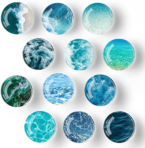 Bamsod 12 PCS Glass Strong Refrigerator Magnets, Ocean Pattern Series Whiteboard Magnets for Office Cabinets Round Fridge Stickers Home Kitchen Decor