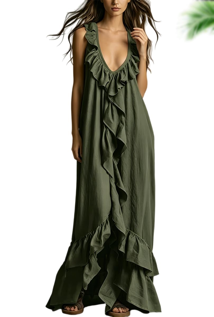 Vestido de Moda para Mujer: Escote en V, con Volantes y sin Mangas; Estilo Bohemio Casual y Vintage
