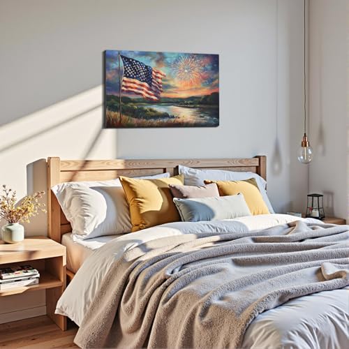 Image of Framed American Flag Sunset Fireworks Wall Art, Patriotic 4th of July Canvas Art Pictures, USA Flag Wall Decor for Living Room Man Cave Bar, Ready to Hang Made in USA