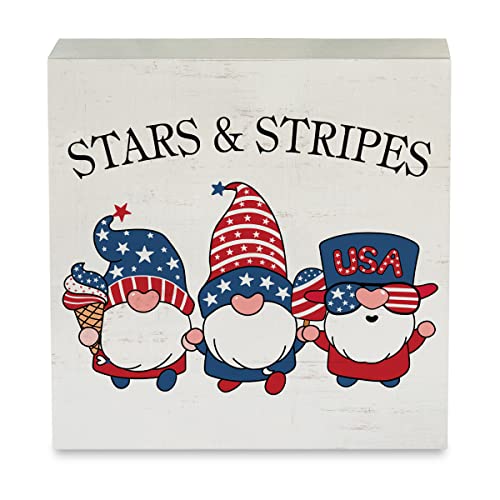Country Patriotic Gnomes Wood Box Sign Rustic America Flag Patriotism Theme Wooden Box Sign Decorative Summer Sign Block Plaque For Home Office Desk Table Shelf Decor 5"X 5" #TOP7