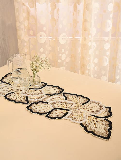 MFU-MADE FOR YOU Cotton Beautiful Beaded Table Runner Craftsmanship, Pack Of 1 Measure 13 X 36 Inches (Color- Cream Gold Lea), X-Small