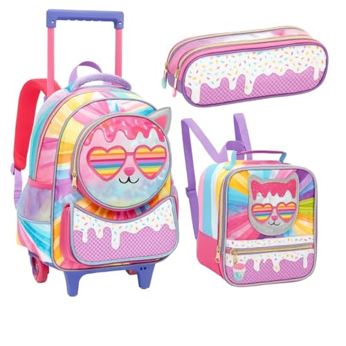 Kit Mochila De Rodinha Escolar Infantil Feminina Com Alça Lancheira Estojo Estampa de Coração E Sorvete 2 Em 1