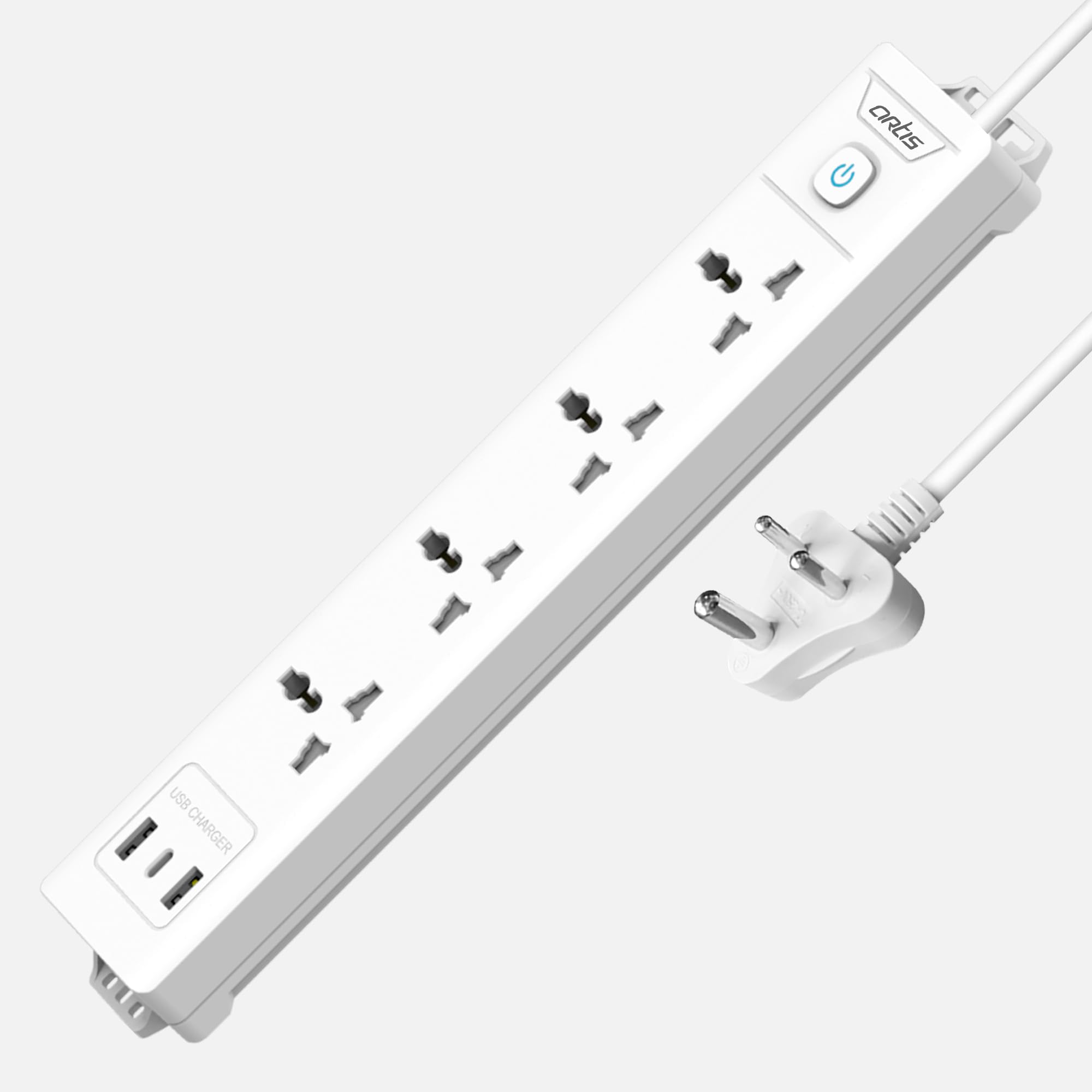 Artis AR-4SS-USB 4 Universal Sockets with 2 USB-A & USB-C Port Single Switch Surge Protector (White, 2 m)