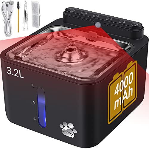 Wireless & Rechargeable Battery Operated Cat Water Fountain, Kastty 108oz/3.2L Larger Quiet Sensor Auto Cat Fountain…