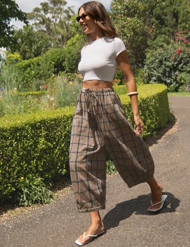 Image of TARSE Women's Plaid Cotton Linen Wide Leg Pants with Pockets | Plaid Barrel Leg Loose Harem Pants, Elastic Drawstring Waist, Casual Boho Summer Capri Palazzo