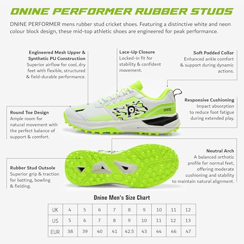 Image of DNINE Performer, Men, Rubber Studs Cricket Shoe White /Red /Black & White /Lemon