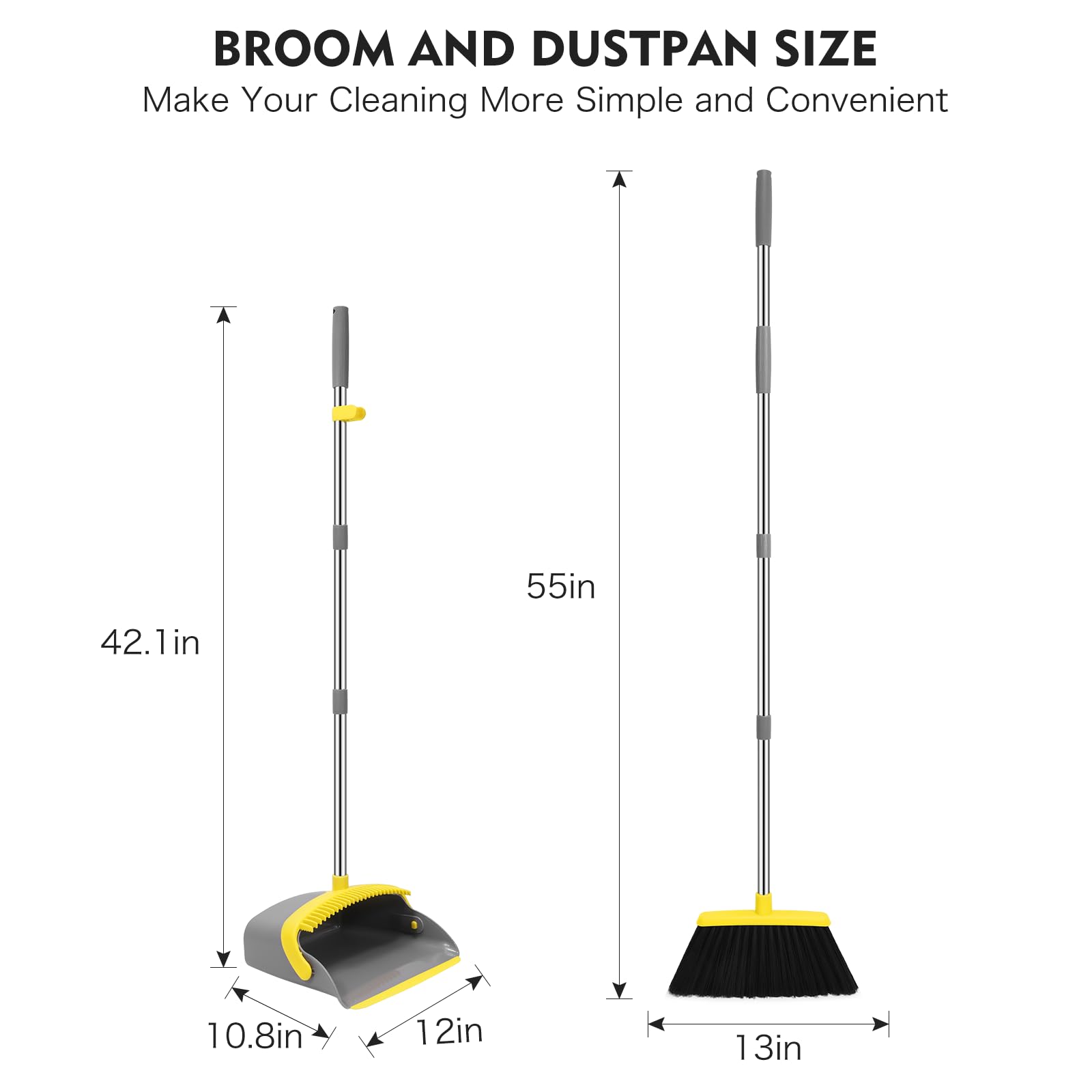 NACENA Besen- und Kehrschaufel-Set, 139,7 cm lang, verstellbarer Griff, Besen, Kehrschaufel mit Kehrschaufelzähnen zur automatischen Haarreinigung, geeignet für Zuhause, Küche, Büro, Flur, Boden, groß