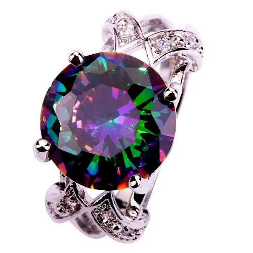 YAZILIND Women's Ring with Round Cut Big Stone Rainbow Purple Cubic Zirconia CZ Silver Plated US Size