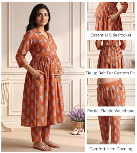 Image of DUMMY SHAPE Maternity Dresses for Women Cotton | Floral Kurta Pant Dupatta Set with Nursing Zippers, Side Pocket | Pre & Post Pregnancy | Feeding Kurti Suit | Baby Shower | Gifts for Pregnant Woman