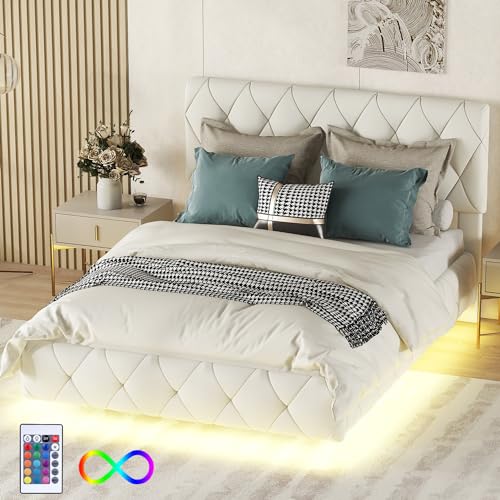 hrijusdif 140 x 200 Camas Dobles, Camas tapizadas, Literas flotantes, Camas tapizadas con tiras de luz, Beige