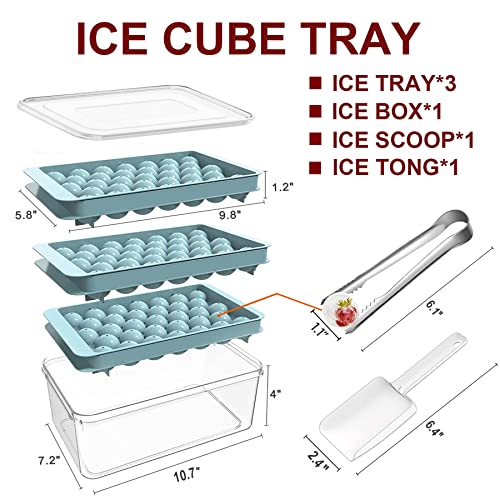 Round Ice Cube Tray,Circle Ice Trays For Freezer With Lid & Bin,Ball Ice Cube Tray Making 1.1In X 99Pcs Sphere Ice Chilling Cocktail Whiskey Tea & Coffee(3 X Blue Ice Trays,Ice Box,Ice Tong,Ice Scoop) #TOP5