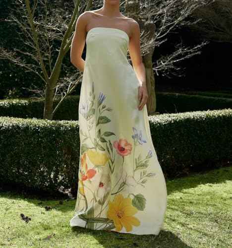 Image of Women Floral Print Maxi Tube Dress Strapless Flowy Long Bandeau Dress Y2K Open Back Sundress Summer Beachwear