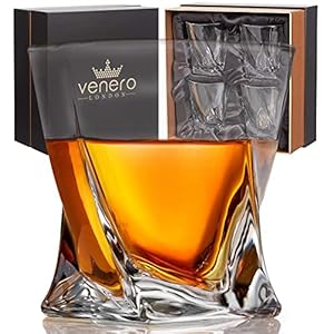 VENERO Crystal Whiskey Glasses, Set of 4 Rocks Glasses in Satin-Lined Gift Box – 10 oz Old Fashioned Lowball Bar Tumblers for Drinking Bourbon, Scotch Whisky, Cocktails, Cognac