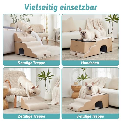 COZY KISS Hundetreppe für Kleine Hunde, Haustiertreppe für Hochbett aus Hochdichtem Schwamm, Hunde Treppe Hunderampe mit Waschbarem Bezug (Beige, 84 × 50 × 57 cm, 5)