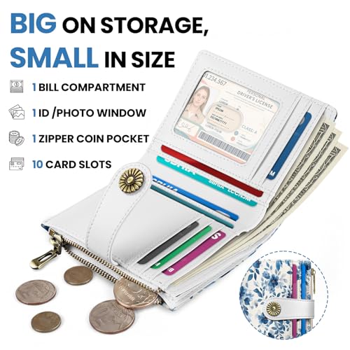 Image of Small Wallet for Women, RFID Blocking Bifold Card Holder Wallet with 10 Card Slots, Cash Compartment, Zipper Coin Pocket & ID Window, Cute Soft Vegan Leather Compact Wallet, Watercolor Petal