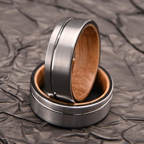 Silver Tungsten Carbide Rings for Men Women 8mm Surface Grooved Matte Brushed Inlay Barrel Wood Men's Engagement Wedding Bands High Polish2