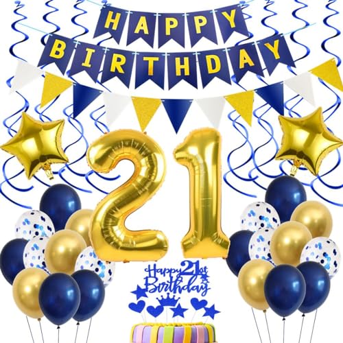 Decoração de aniversário 21 anos homem azul, balões de aniversário 21 azul dourado decoração, balões de 21 aniversário azul dourado, 21 aniversário homem Topper bolo, decoração 21 aniversário, 21