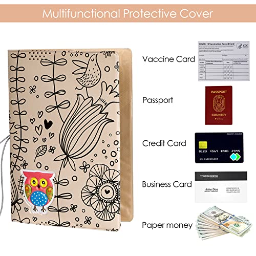 Cairiac Owl Passport Cover, Passport And Vaccine Card Holder Combo, Passport Holder Travel Case With Cdc Vaccination Card Protector Slot For Kids, Girls, Women, Men (1Pack) Beige, Floral Pattern #TOP1