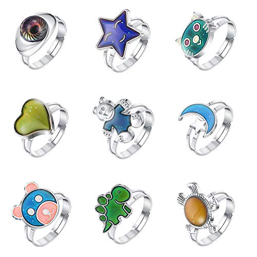 Jstyle 9Pcs Adjustable Mood Rings Mixed Color Changing Mood Rings Temperature Finger Ring With Cute Animals