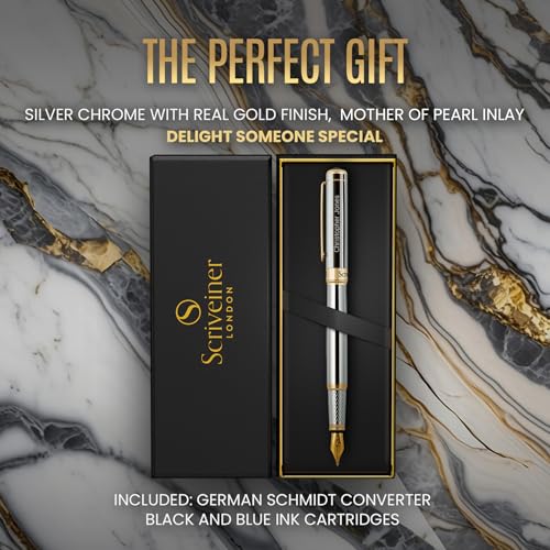 Image of Scriveiner Personalized Silver Chrome Fountain Pen - Stunning Luxury Pen, Real Gold Plating, Schmidt Gilded Nib (Medium) Best Engraved Pen Gift Set for Men & Women, Custom Name Engraving
