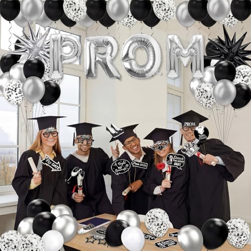 Capoda 148 Pcs Prom Decorations 2026 Black and Silver Balloons Garland Arch Kit Silver Foil Curtains Graduation Star Balloons Congrats Grad Photo Booth Props Backdrop Disco Birthday Party Supplies by Capoda - Used condition - Image 6