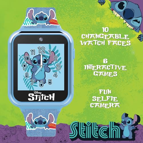 disney stitch kids smart watch with 10 customizable faces camera voice recorder calculator and step counter  touchscreen interactive watch for kids  blue silicone strap