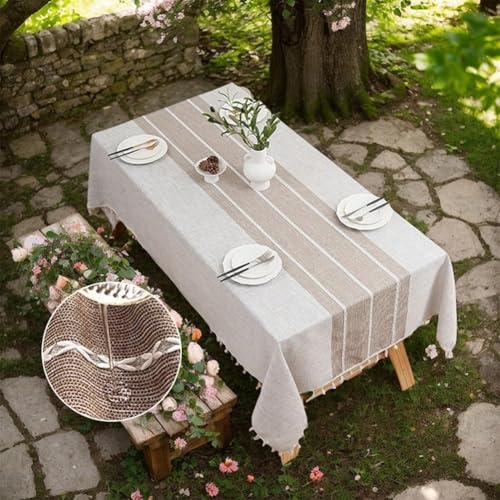Nappe rectangulaire imperméable marron rayé pour salle à manger