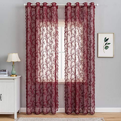 MIULEE Rideaux Voilage Rouge Dentelle 150X245 cm(LxH)-2 Pièce Rideau Dentelle Transparente Brodée Florale Bords Festonnés, Motifs Floraux Transparent...