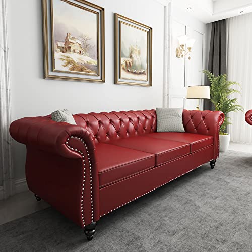 Image of ORRD Chesterfield Sofa Leather, Modern PU Tufted Couch 3 Seater with Rolled Arms and Nailhead for Living Room, Bedroom, Office, Apartment (Burgundy)