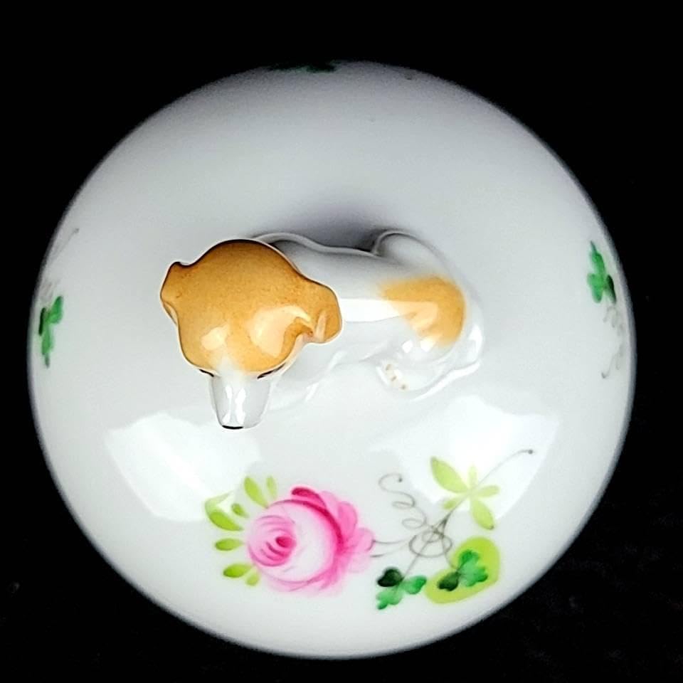 未使用保管品/ヘレンド/ウィーンの薔薇/たまご型ブチネコ ミニ小物入れ