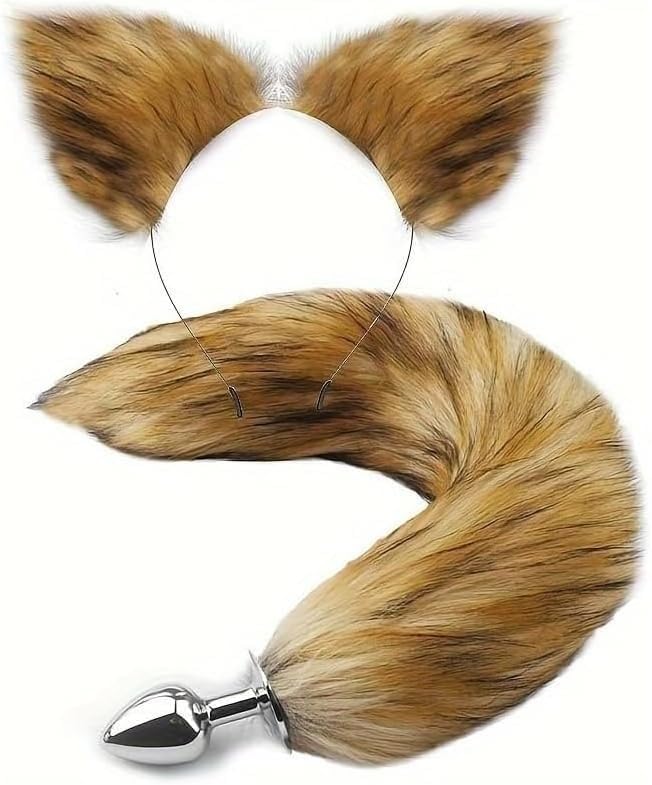 Ceciley Wolf Fox Furry Tail Plug and Ears Headband Animal Costume Fancy Dress Halloween Adjustable Faux Fur Tail and Ears (Camel) - Image 4