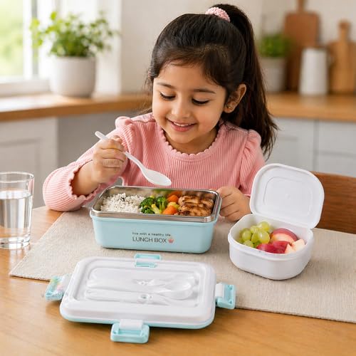 Image of WISHKEY BPA Free Stainless Steel Medium Sized Lunch Box with a Spoon & a Fork, Soft Color Tiffin Box & Cutlery Accessories for Kids & Adults, 500 ml (Set of 1, Blue)