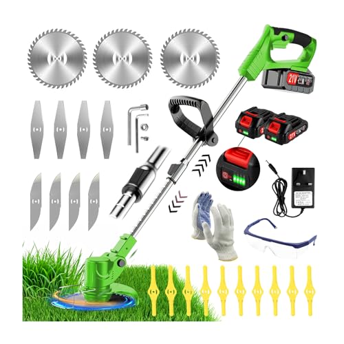 Cordless Strimmer 21V Electric Grass Trimmer with 2x2.0Ah Battery Fast Charger Garden Trimmer with Metal Blades Lightweight Adjustable Handle Brush Cutter for Lawn Garden(Green)