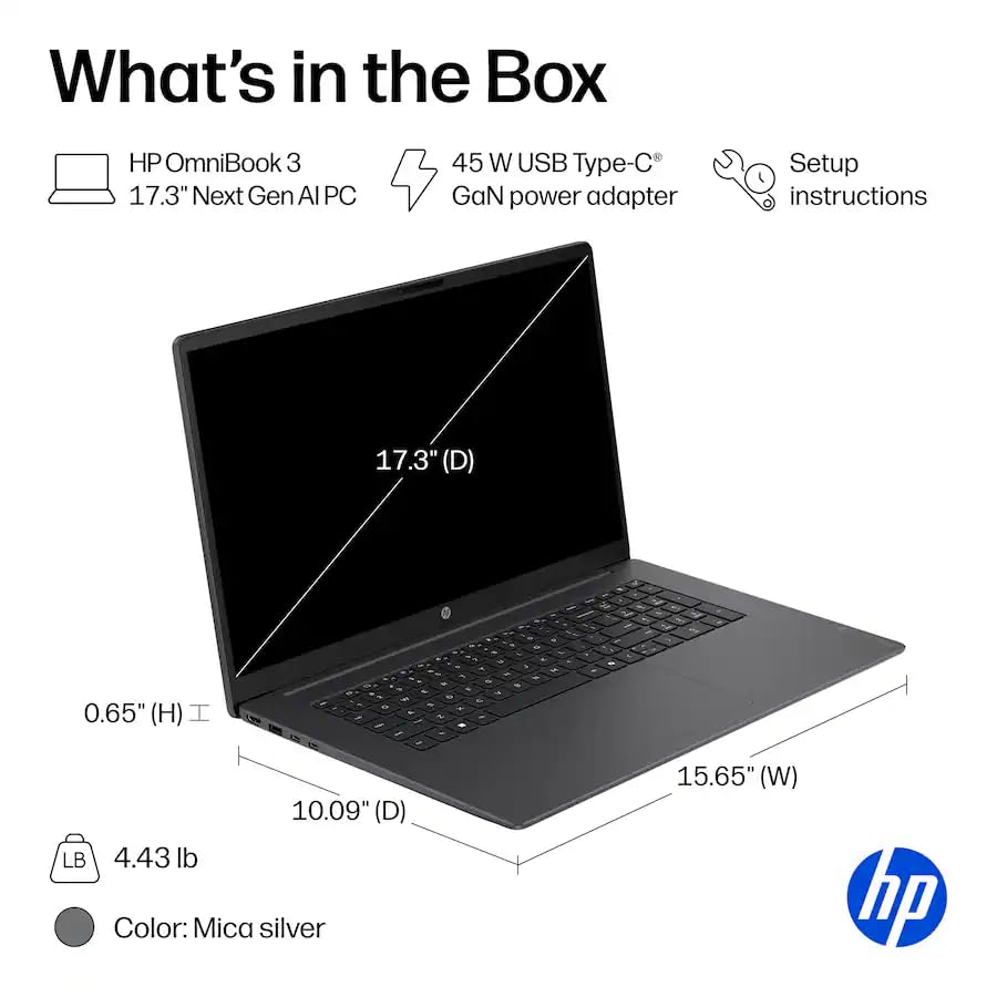 Image of HP OmniBook 3 Personal Laptop, 2026, 17.3 inch 1920x1080 IPS, Intel-12 Core Ultra 7 255U, 16GB LPDDR5, 1TB SSD, Win11 Home, Backlit KB, Wi-Fi 7, BT 5.4, 1080p FHD Camera, Mica Silver