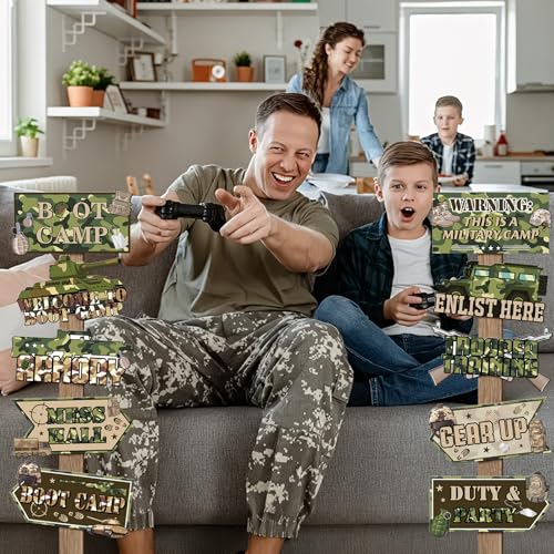 Image of Hooqict 20 Pieces Army Party Sign Camouflage Military Birthday Party Decorations Directional Signs for Boys Men Camo Army Retirement Decorations Welcome to Boot Camp Party Supplies