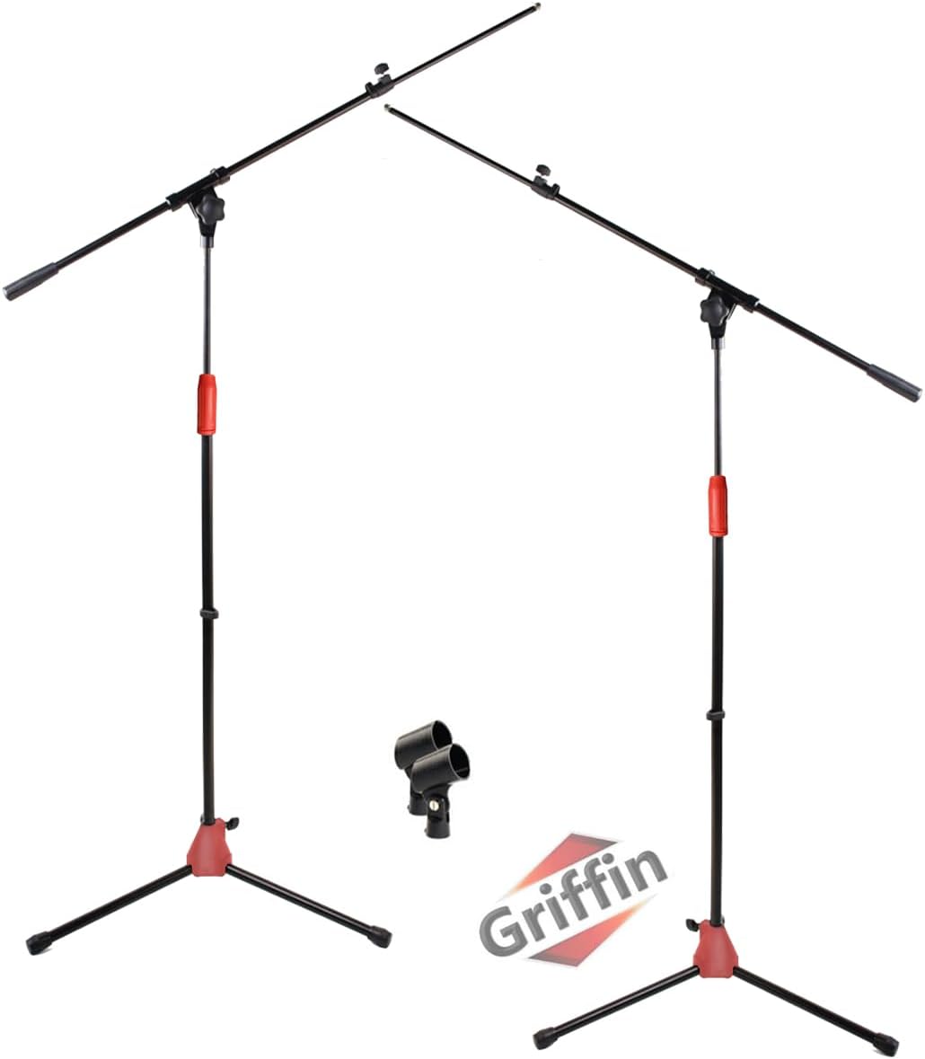GRIFFIN 2 Pack Boom Microphone Stands (StageLOCK Series) – Adjustable Tripod with Folding Legs, Telescoping Arm & Mic Clip for Studio or Live Performance