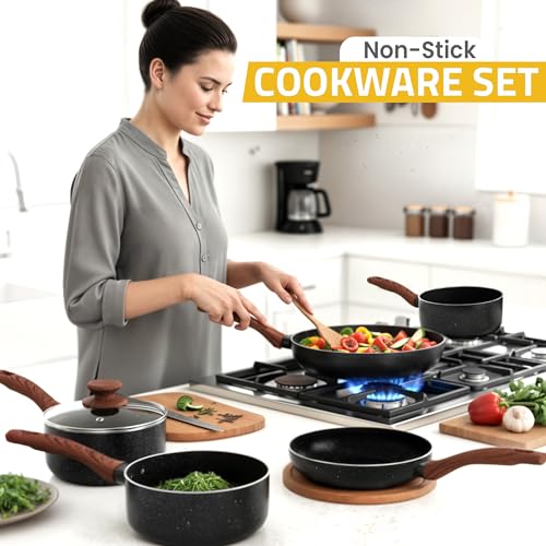 Kichly Non-Stick Granite 8 Pcs Cooking Pots and Pans Set Nonstick Cookware Induction Hob pan Set with 20cm, 28cm Frying Pan Set and 20cm,18cm & 16cm Saucepan Set with Lids - Image 5