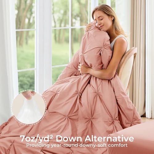 Image of Sasttie King Size Comforter Set, 7-Piece Bed in a Bag, Pintuck Bedding Set for All Season, Includes Comforter, Flat Sheet, Fitted Sheet, Pillowcases and Pillowshams, Blush