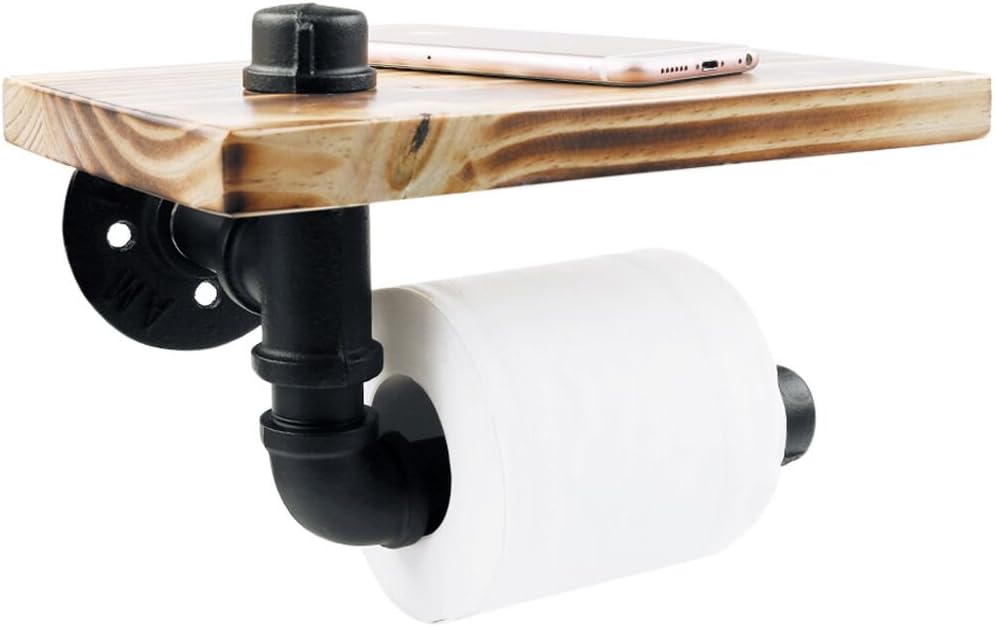 Toilet Paper Holder, Rustic Style Toilet Tissue Roll Holder Black Industrial Iron Pipe with Wooden Storage Wall Mounted Bathroom Shelf
