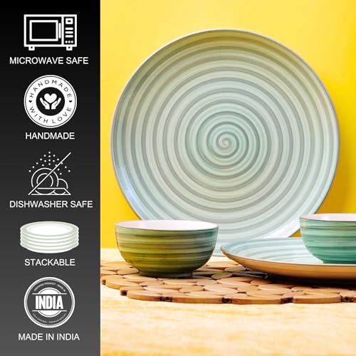 Image of Freakway Handcrafted 'Sea Swirls' Ceramic Dinner Set of 4 Pieces | 2 Ceramic Dinner Plates 10 Inches with 2 Serving Bowl Set | Microwave and Dishwasher Safe - Green