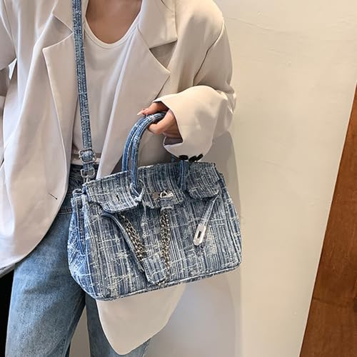 Women's Denim Tote Bag Top Handle Jean Purses Casual Work Satchel Purse Lock Buckle Shoulder Handbags3