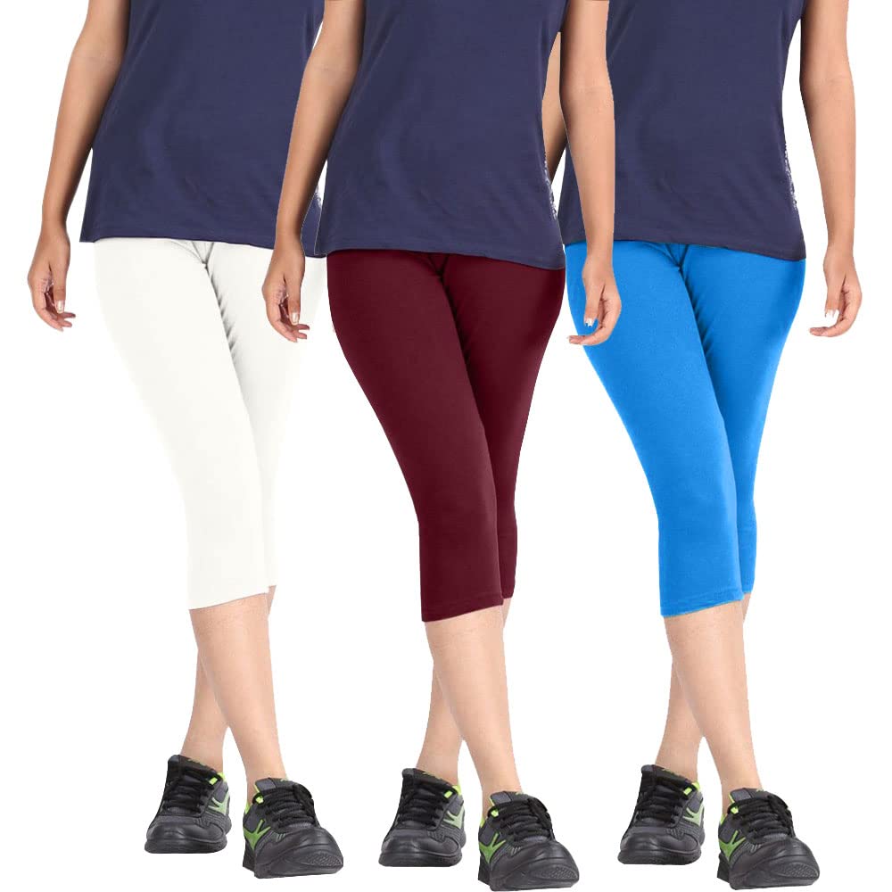 Biowashed Cotton Stretchable Capri Legging Combo Pack of 3 for Women/Girls/Ladies (White, Maroon and Sky Blue) - Free Size-picture-53