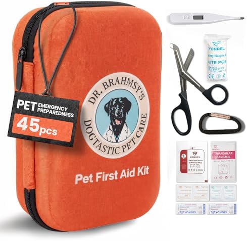 Dr Brahmsy’s Pet First Aid Kit for Dogs and Cats - Vet-Approved Essential Survival and Emergency Supplies for Home, Travel, Camping, Hiking - Packed in a Portable Waterproof Pouch - 45-Piece Set