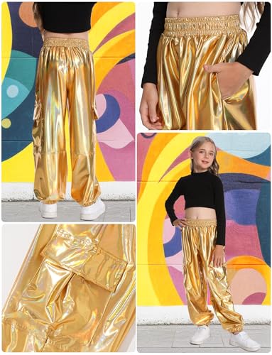 2025 Metallic Cargo Pants with Pocket for Girls Hip Hop Glitter Pants Y2k Dancing Shiny Pants Streetwear Back School2