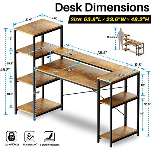 Hypigo Computer Desk With Storage Shelves, 63 Inch Home Office Desk With Monitor Stand And Cpu Shelf, Modern Writing Desk Table With Bookshelf (Rustic Brown) #TOP2
