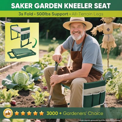 Image of Saker Garden Kneeler and Seat Foldable Gardening Stool with Extendable Legs & Thickened Pad, Tool, Heavy Duty 400lbs Support for Elderly, Gardening, Outdoor Use