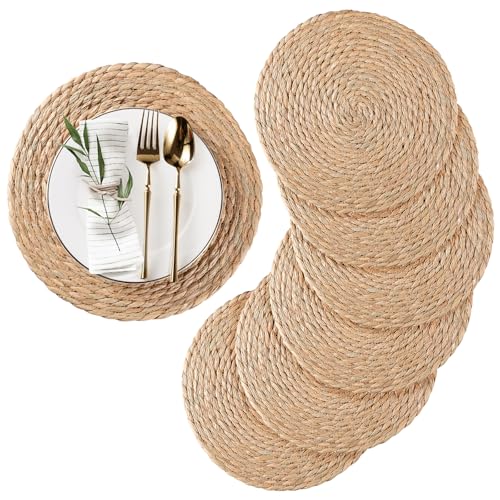 RUNTIVAN Round Woven Placemats Set of 6, Natural Water Hyacinth Place mats, 12 inch Rattan Placemats Wicker Placemats Farmhouse Boho Braided Heat Resistant Outdoor Placemat Patio Table Place Mats