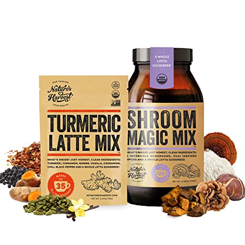 Nature’s Harvest - Shroom Magic Mix, 238G Mushroom Powder And 70G Turmeric Latte Mix Bundle, Gluten-Free And Vegan Mushroom Blend And Golden Milk Powder, Add On Instant Coffee, Hot And Cold Drinks #TOP22