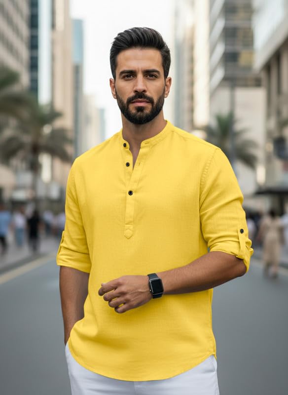 Image of Men Cotton Blend Mandarin Collar Casual Kurta Shirt | Roll-Up Sleeves | Regular Fit Ethnic Short Kurta for Daily